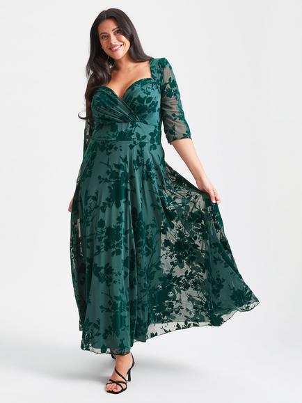 Scarlett & Jo Elizabeth Mesh Maxi Gown, Dark Green Flock, Dark Green Flock
