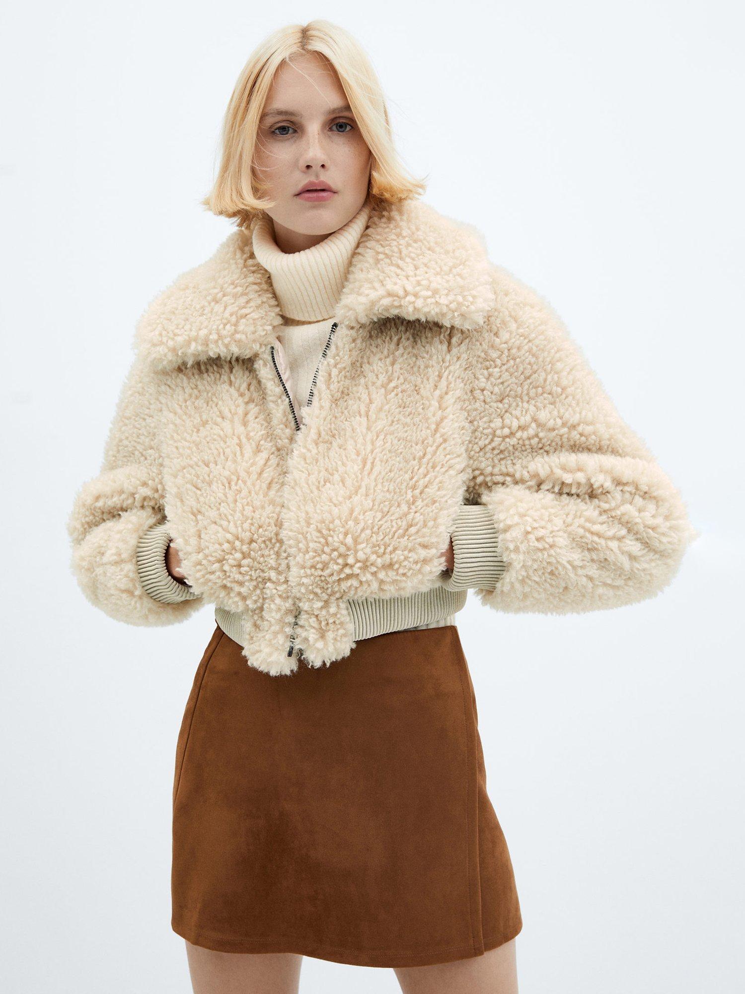 Mango Bubble Faux Fur Effect Bomber Jacket, Light Beige
