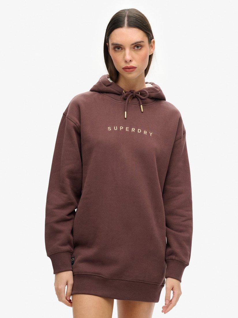 Superdry Luxe Metallic Logo Hoodie Dress, French Roast Brown, 14-16