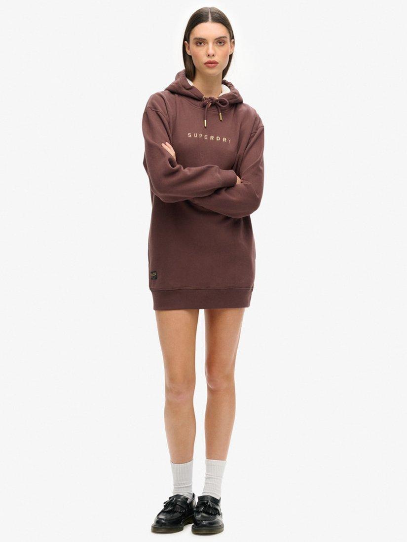 Superdry Luxe Metallic Logo Hoodie Dress, French Roast Brown, 14-16