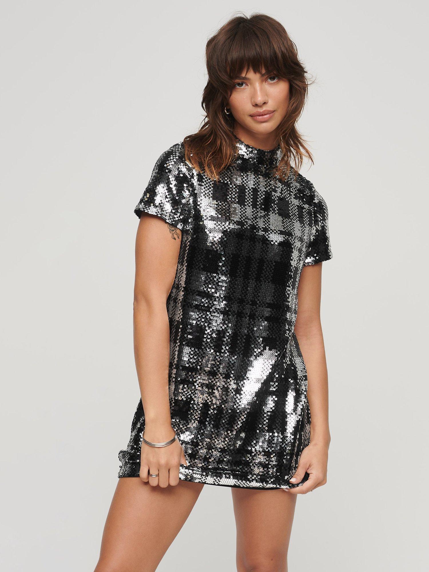 Superdry High Neck Check Sequin T-Shirt Dress, Silver/Black