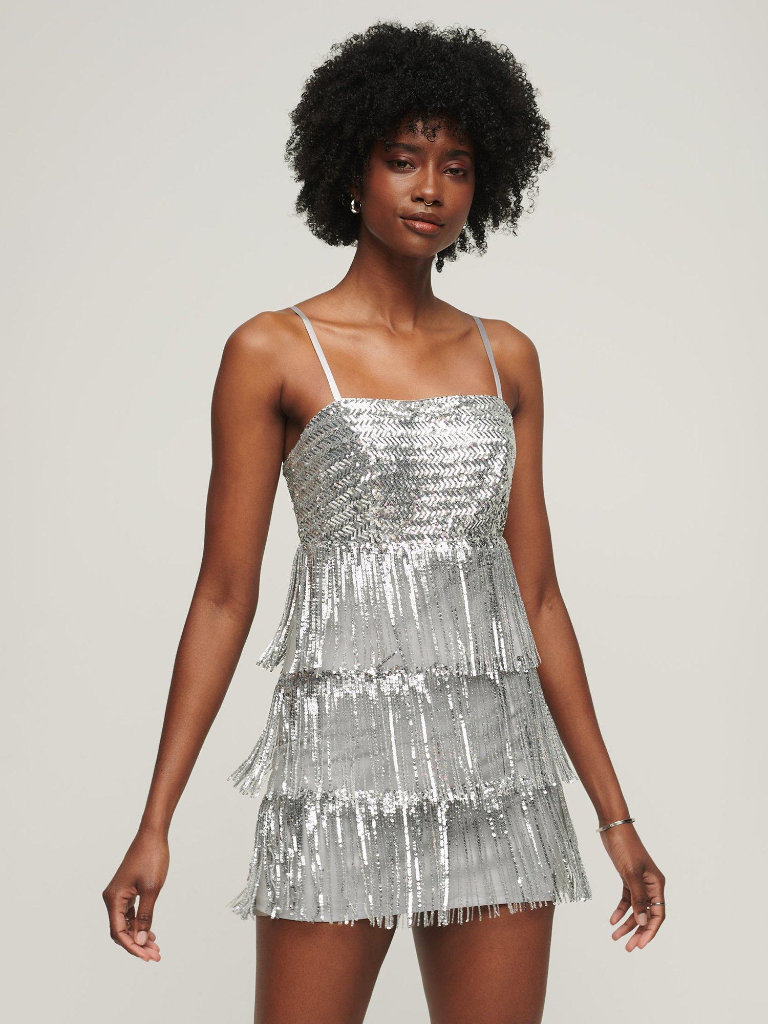 Superdry Fringe Cami Mini Dress, Silver