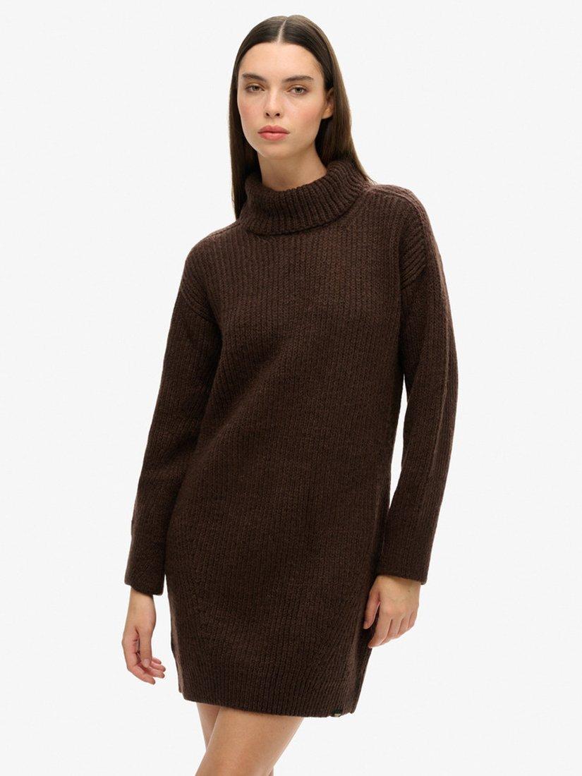 Superdry Rib Knit Roll-Neck Jumper Dress, Coffee Bean Brown