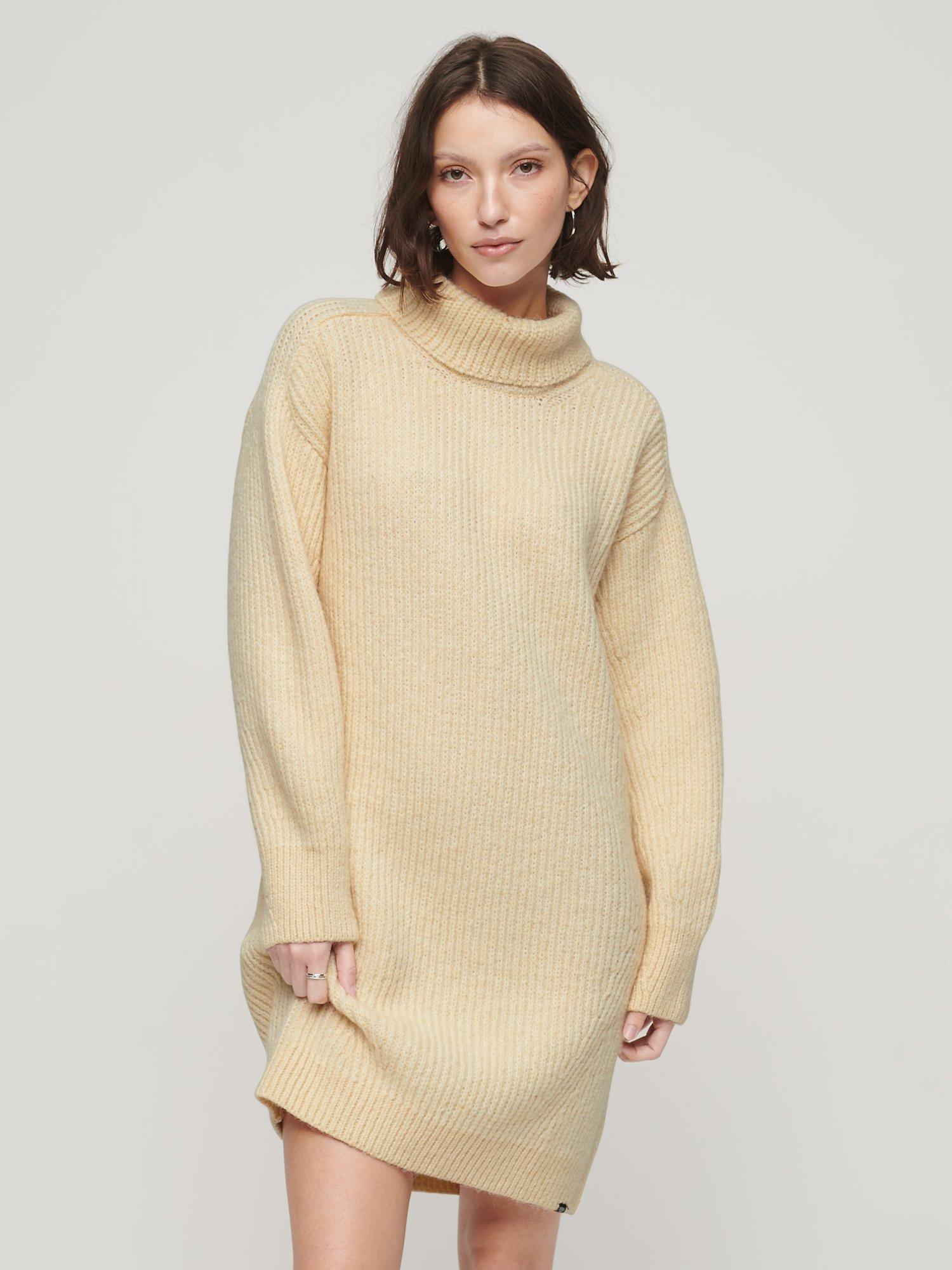 Superdry Knitted Roll Neck Jumper Dress, Brazilian Sand Beige