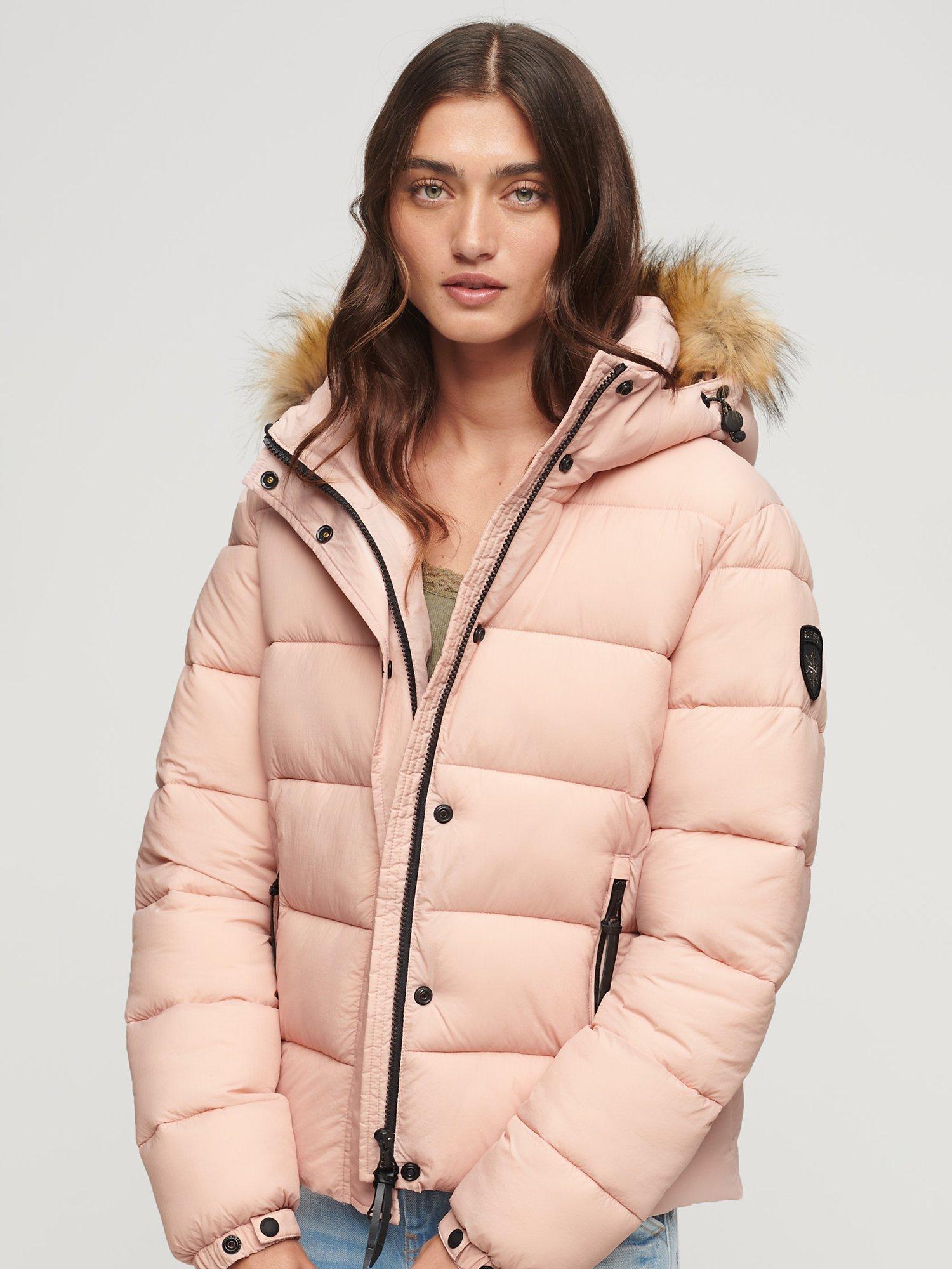 Superdry Faux Faur Short Hooded Puffer Jacket, Pink