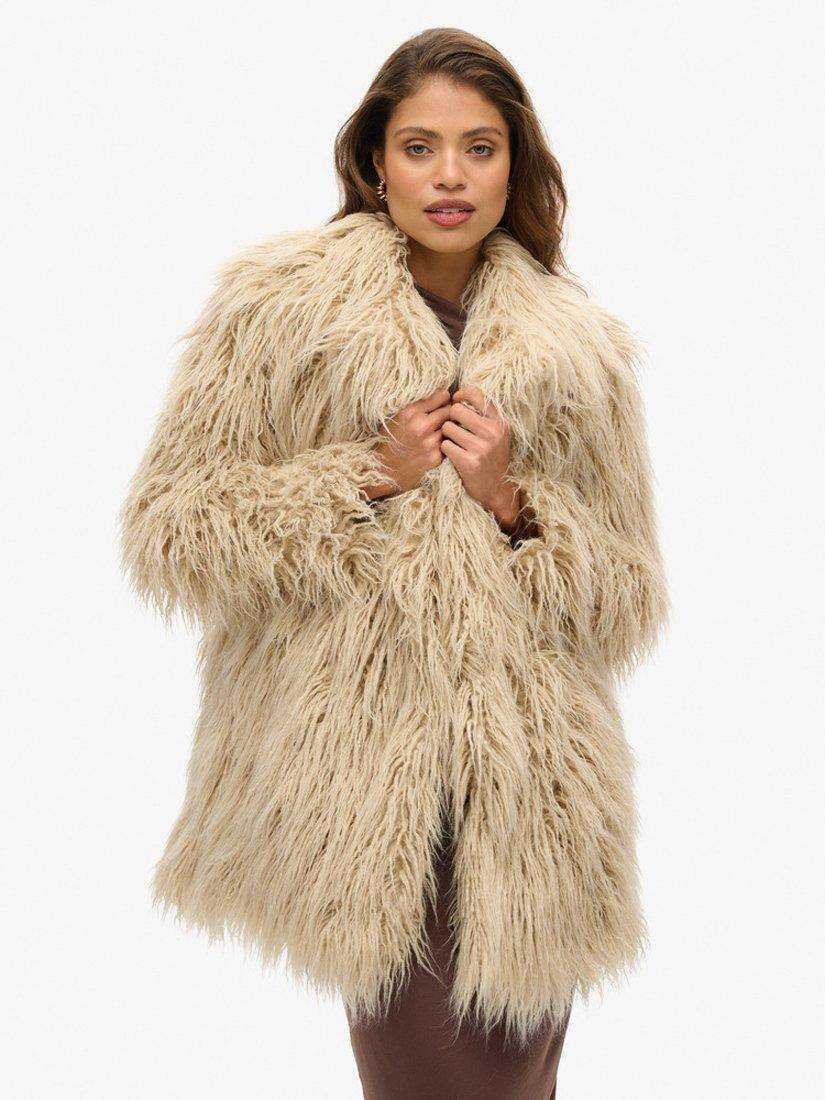 Superdry Mid Length Faux Fur Coat, Biscuit