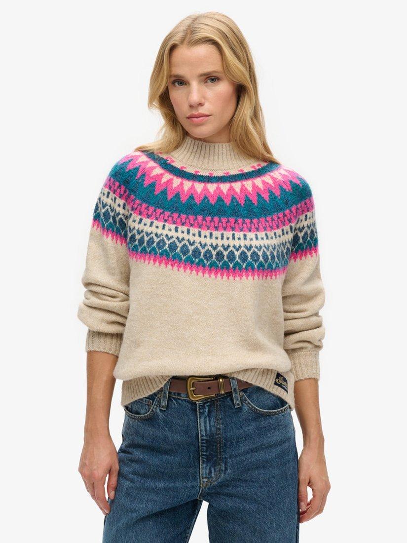 Superdry Slouchy Fairisle Print Jumper, Ecru/Multi