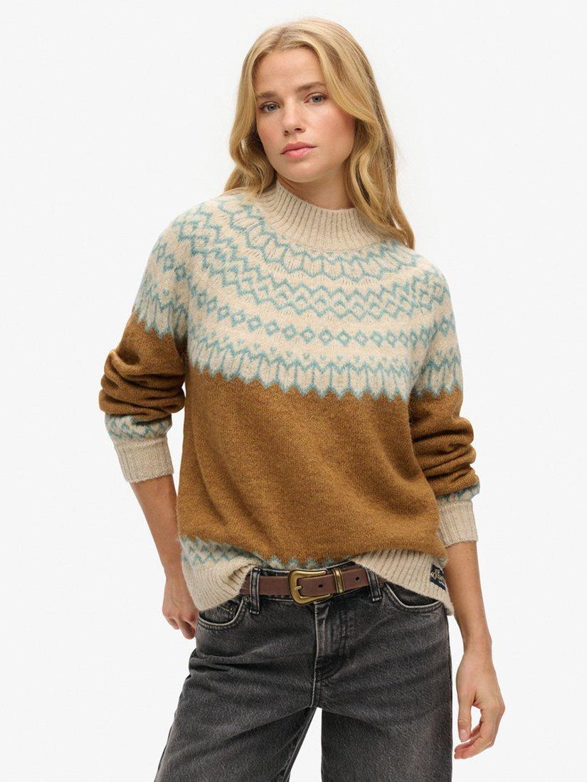 Superdry Slouchy Fairisle Print Jumper, Caramel/Multi