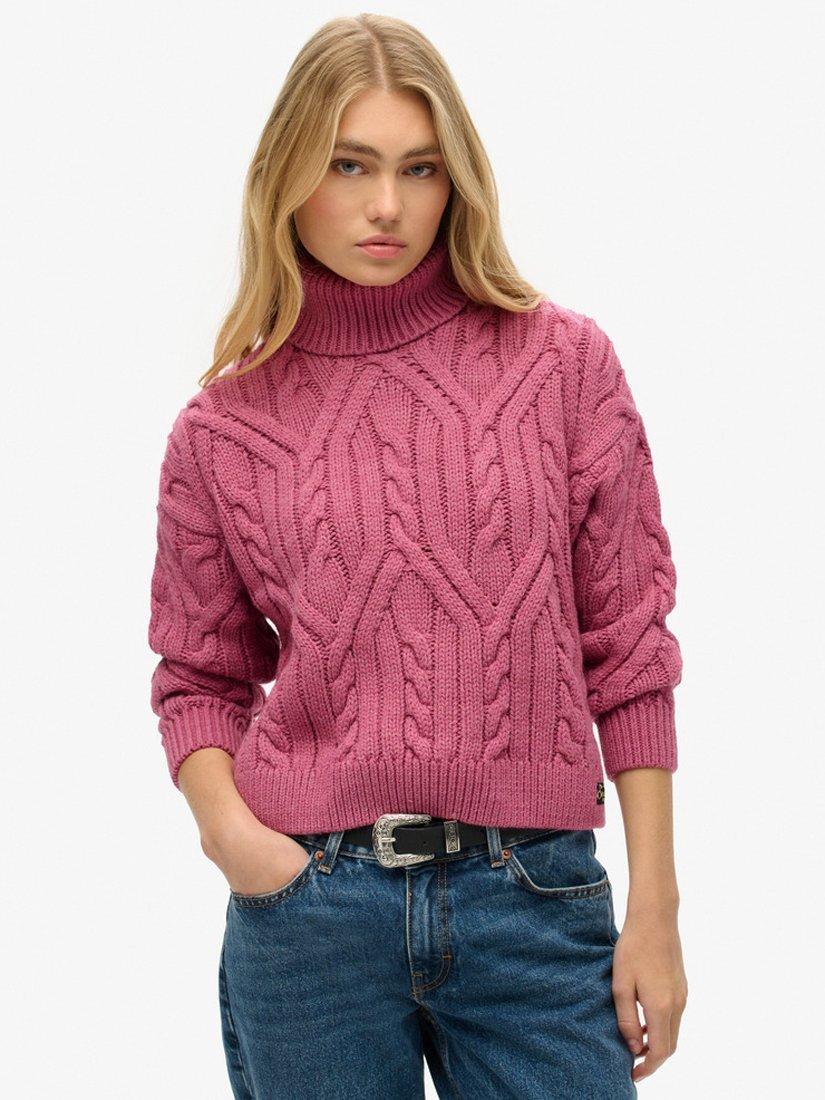 Superdry Twist Cable Knit Polo Jumper, Papaya Pink Twist, 12