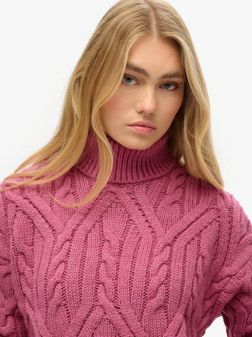 Superdry Twist Cable Knit Polo Jumper, Papaya Pink Twist, 12