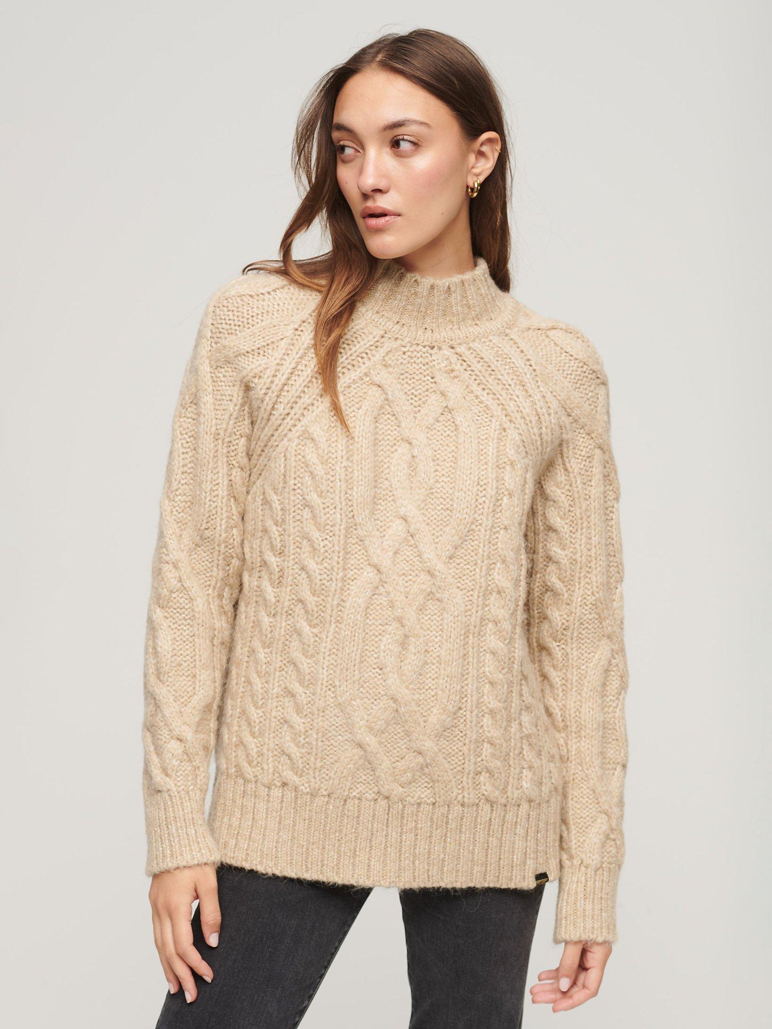 Superdry High Neck Cable Knit Wool Blend Jumper, White Pepper Marl