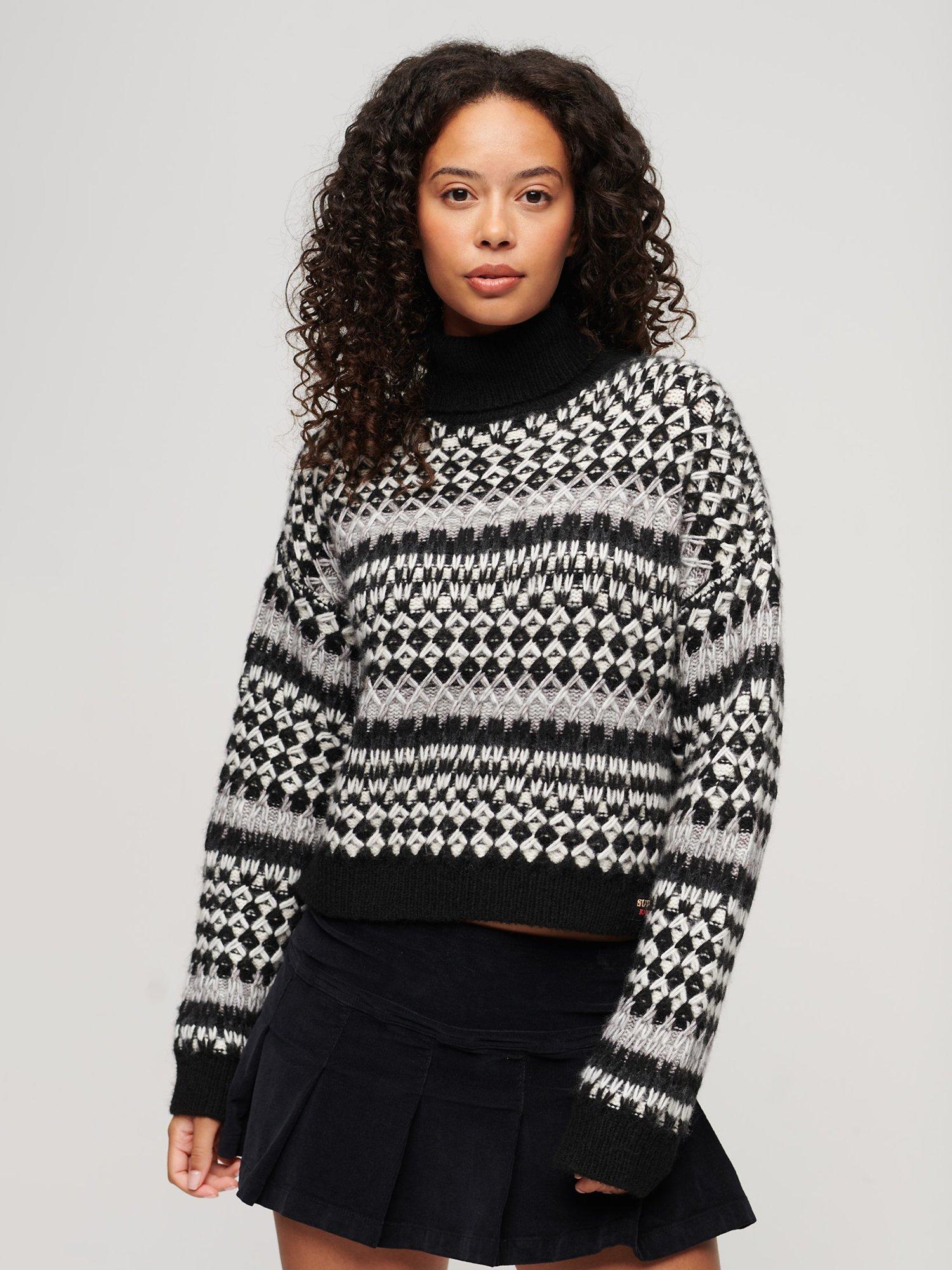 Superdry Roll Neck Cropped Wool Blend Jumper, Black/White
