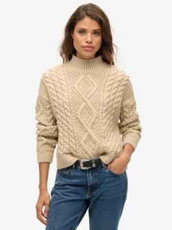 Superdry Aran Cable Knit Polo Neck Jumper, Ecru