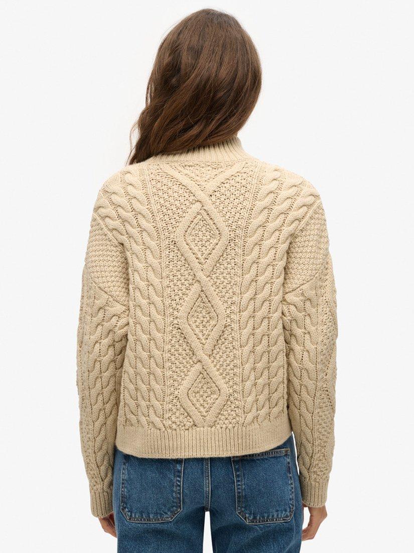 Product image 6 of 6, which shows Superdry Aran Cable Knit Polo Neck Jumper, Ecru, 8