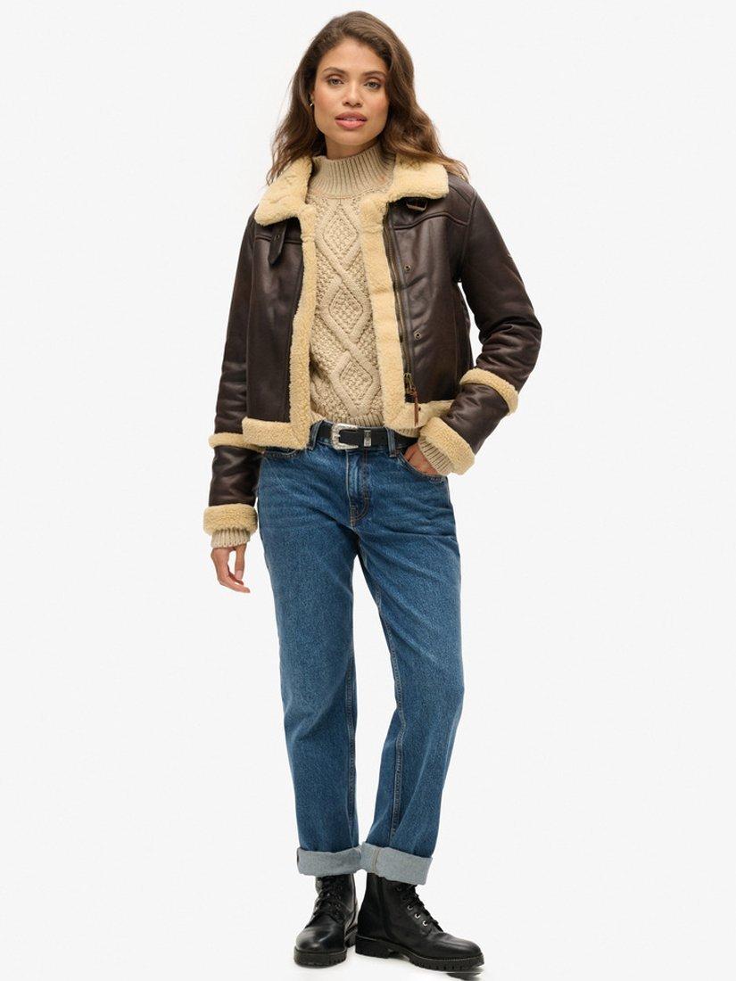 Product image 2 of 6, which shows Superdry Aran Cable Knit Polo Neck Jumper, Ecru, 8