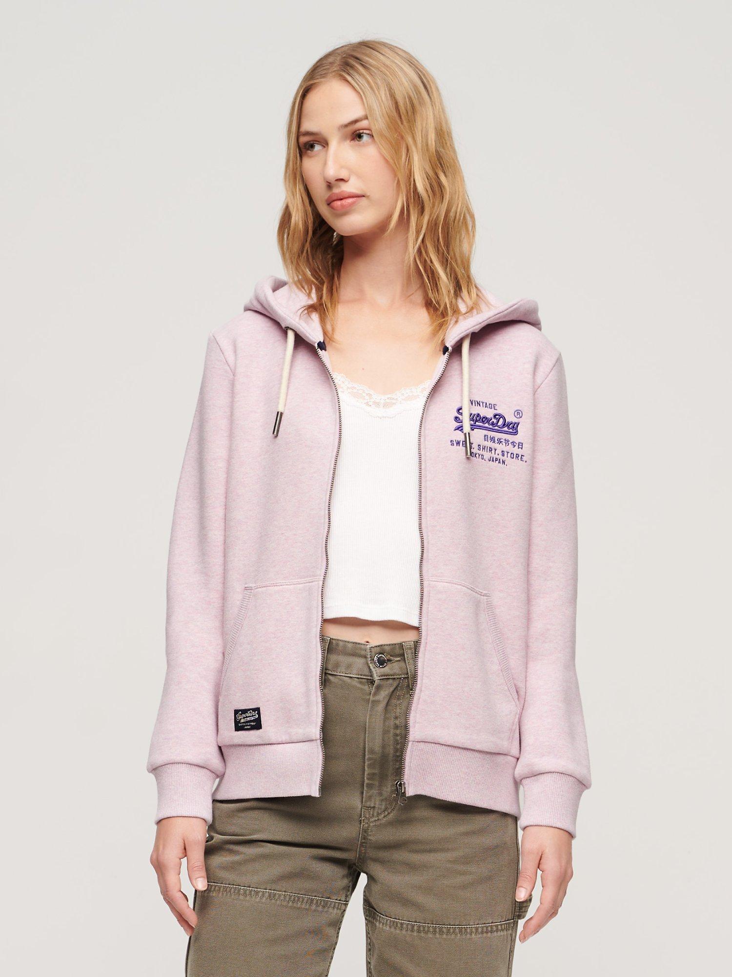 Superdry Neon Vintage Logo Zip Hoodie, Pale Pink