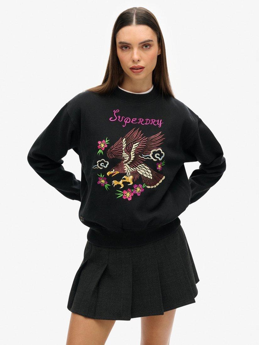 Superdry Suika Embroidered Loose Top, Jet Black