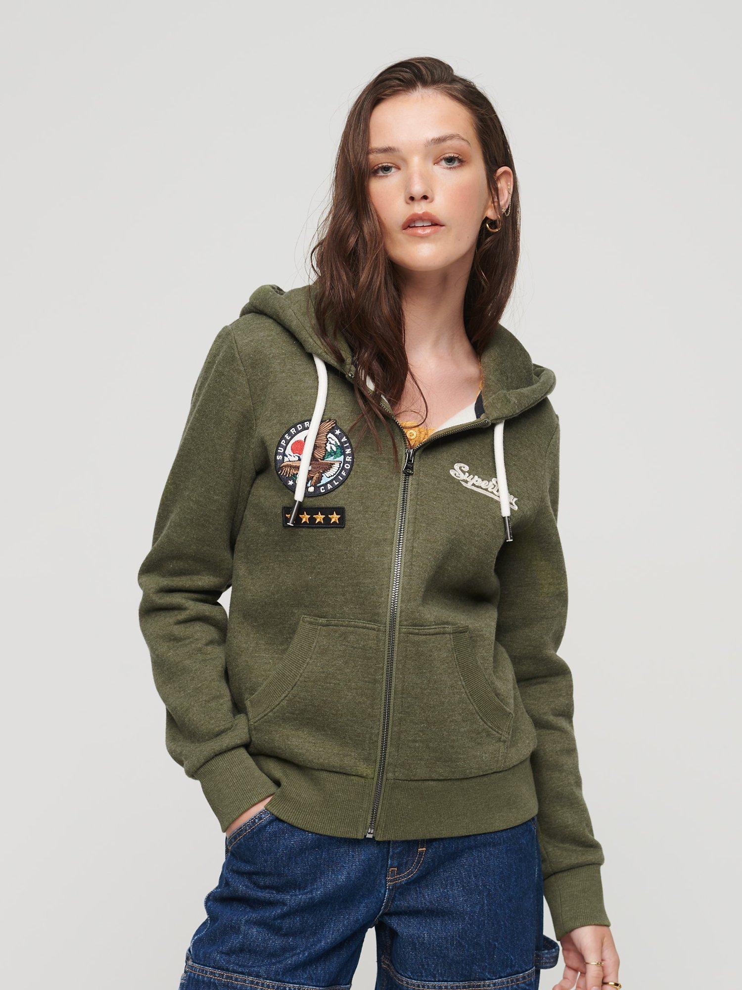 Superdry Custom Embellished Zip Hoodie, Thrift Olive Marl