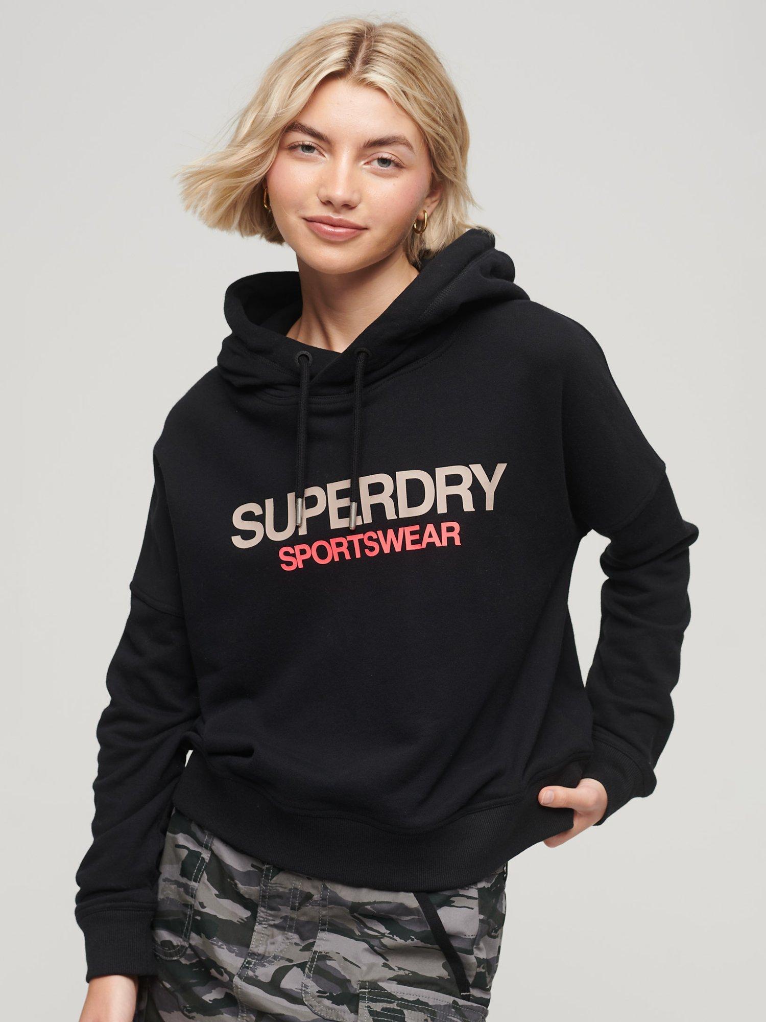 Superdry Sportswear Logo Boxy Hoodie, Black/Pink, 16