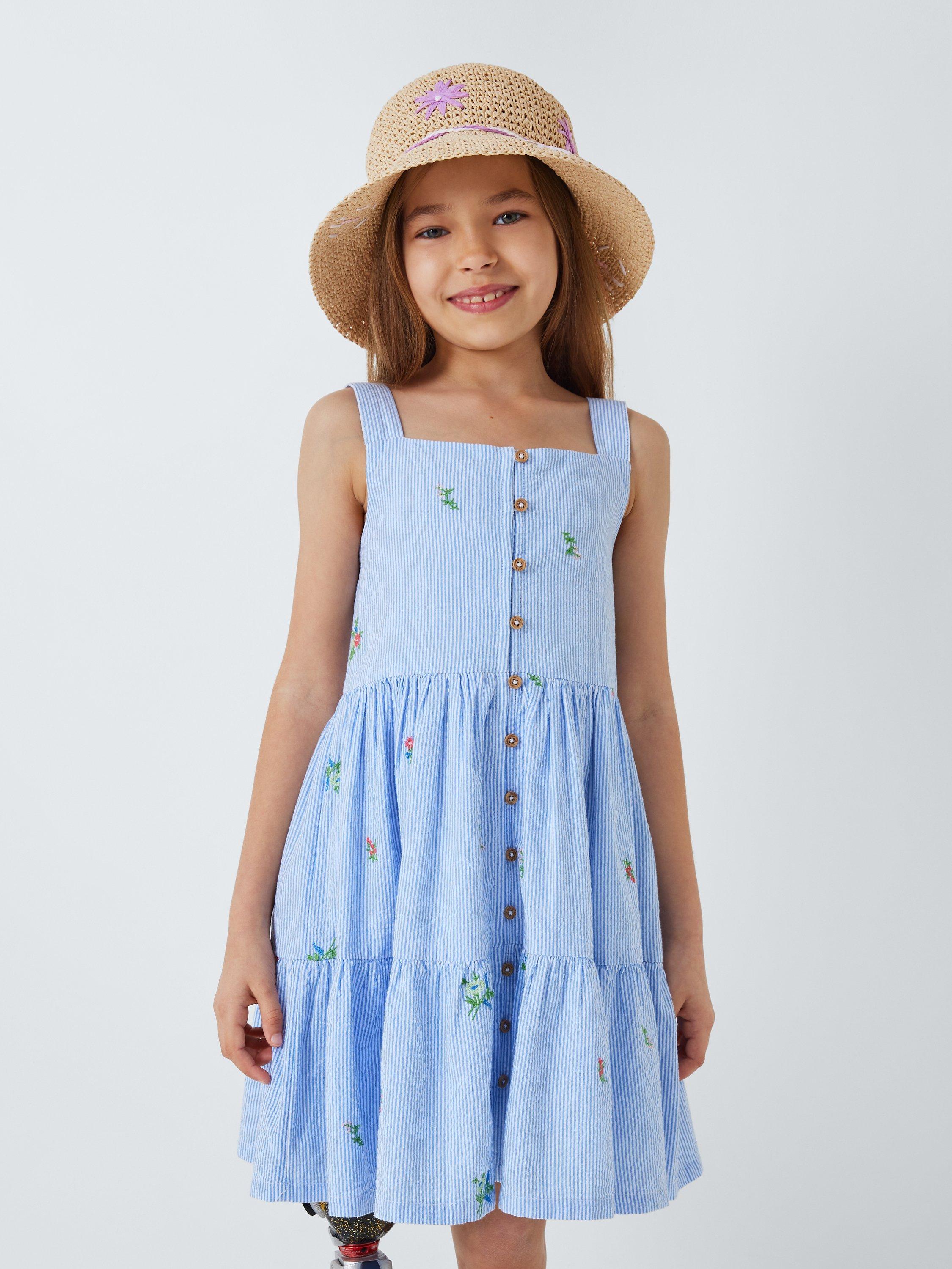 John Lewis Kids' Pinstripe Embroided Tiered Dress, Blue/White