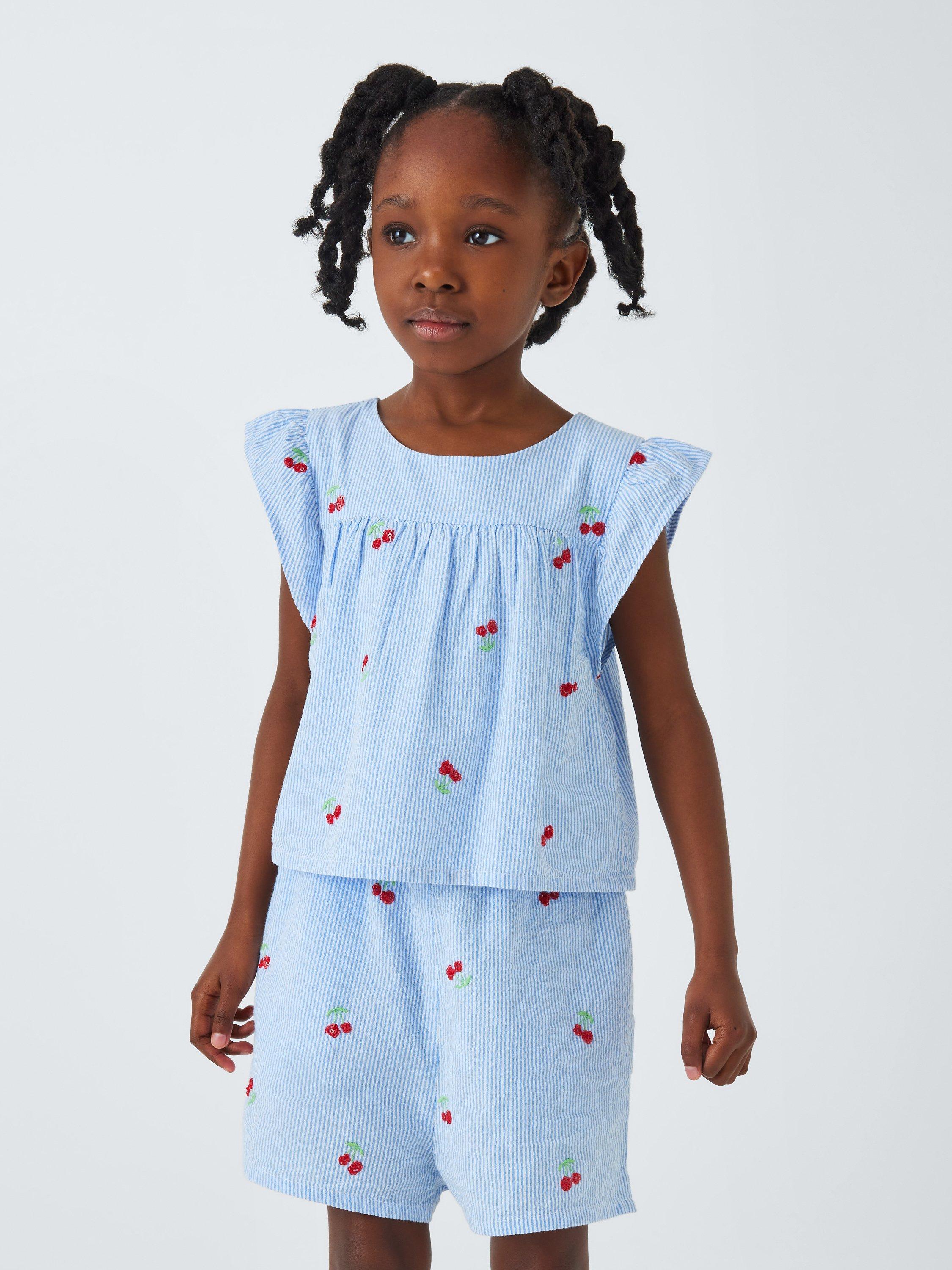 John Lewis Kids' Embroidered Cherry Stripe Print Playsuit, Blue/White, 8 years