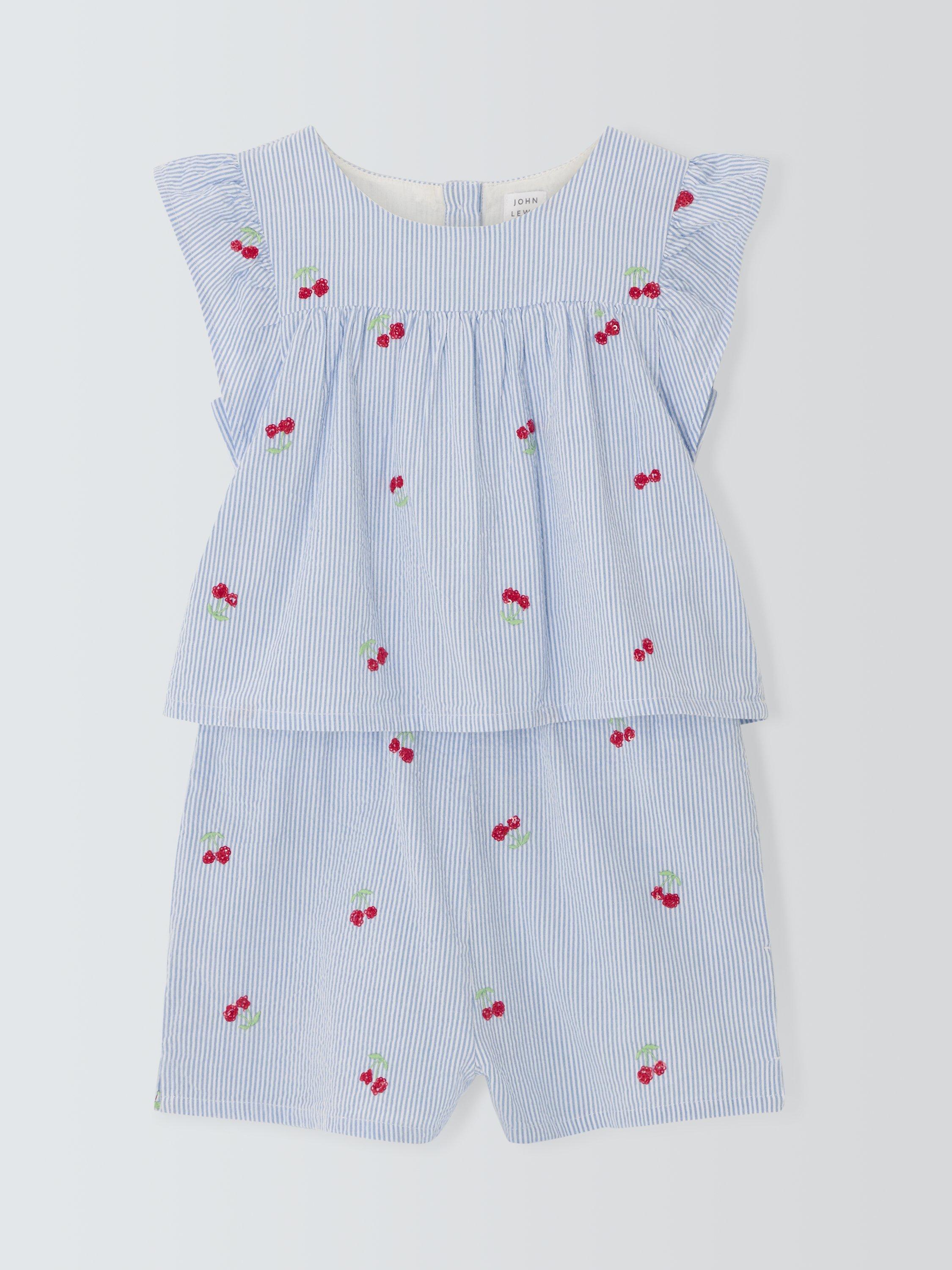 John Lewis Kids' Embroidered Cherry Stripe Print Playsuit, Blue/White, 8 years