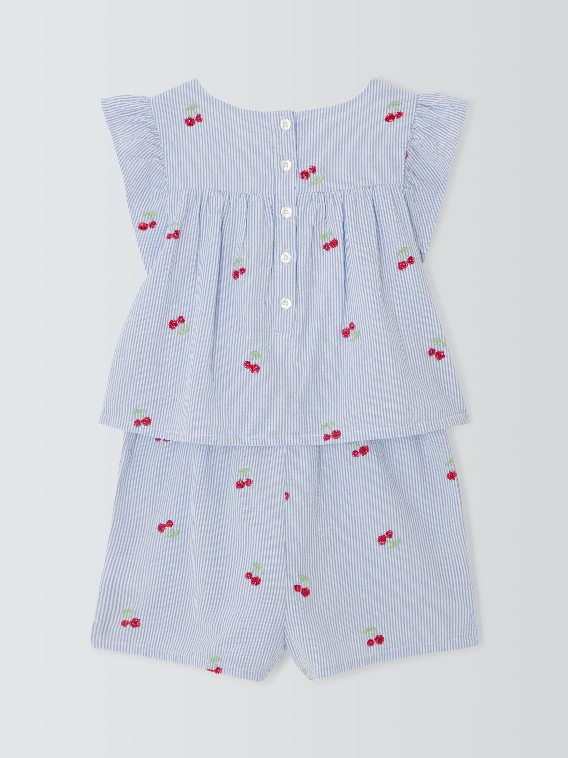 John Lewis Kids' Embroidered Cherry Stripe Print Playsuit, Blue/White, 8 years