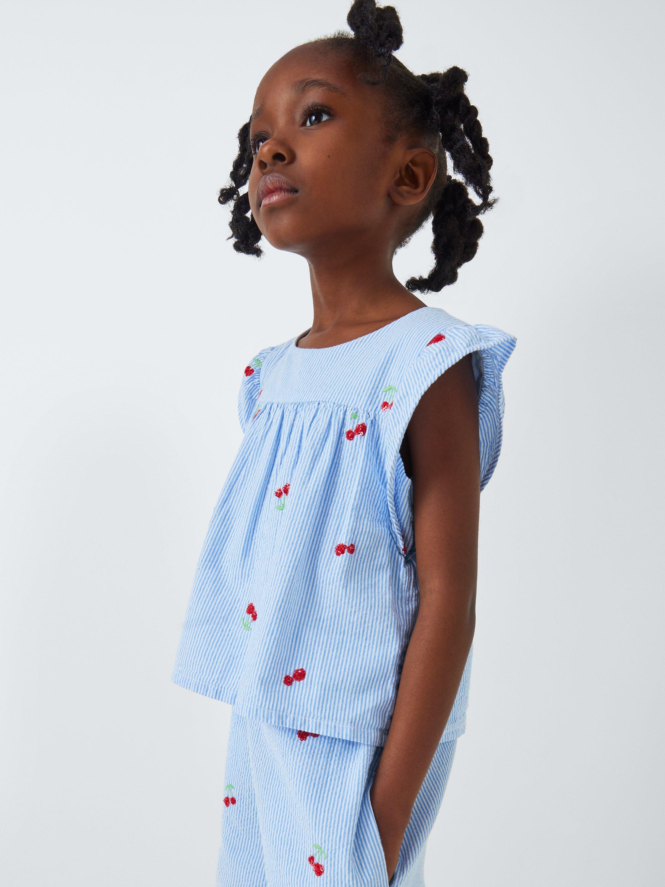 John Lewis Kids' Embroidered Cherry Stripe Print Playsuit, Blue/White, 8 years