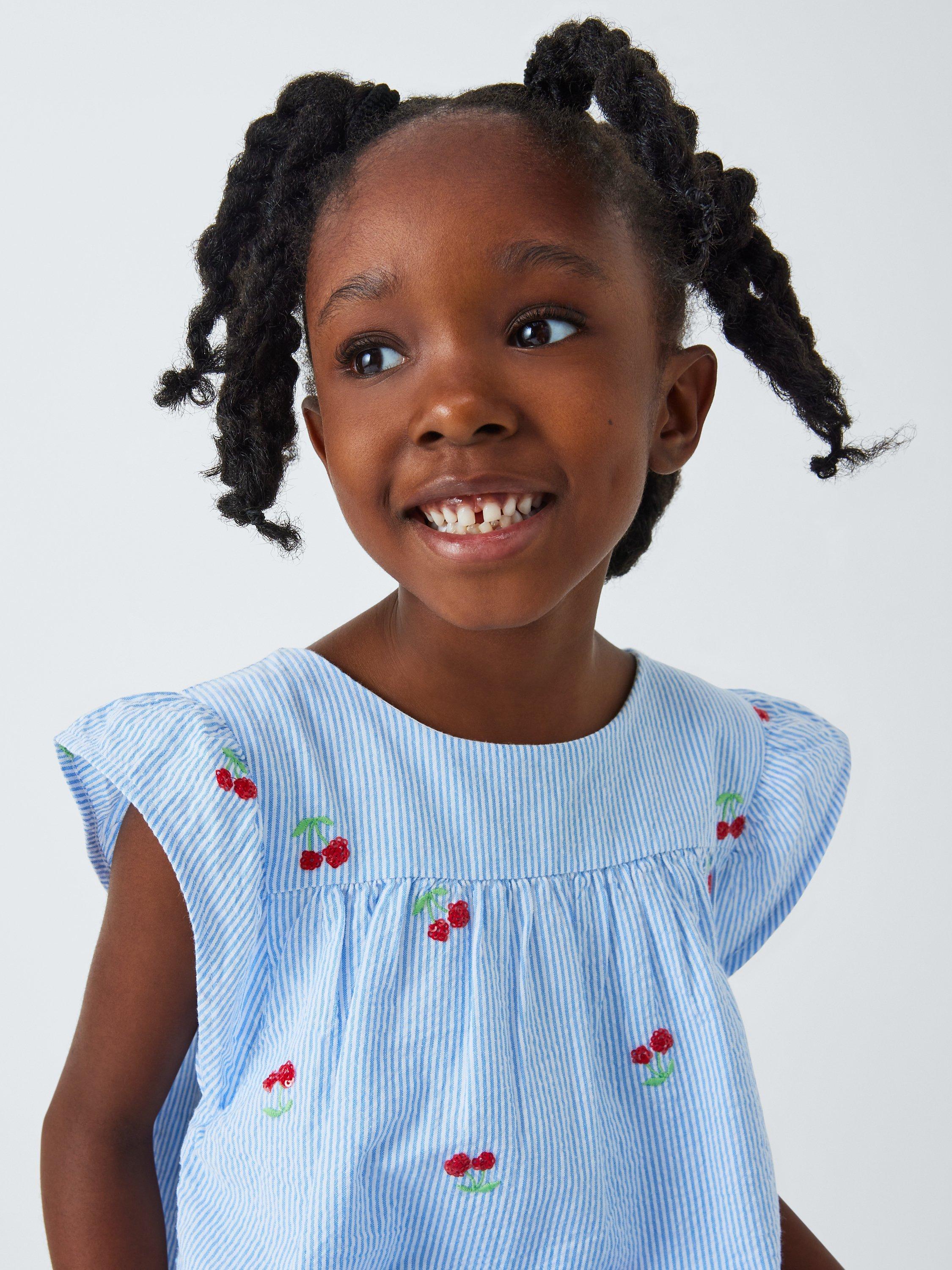 John Lewis Kids' Embroidered Cherry Stripe Print Playsuit, Blue/White, 8 years