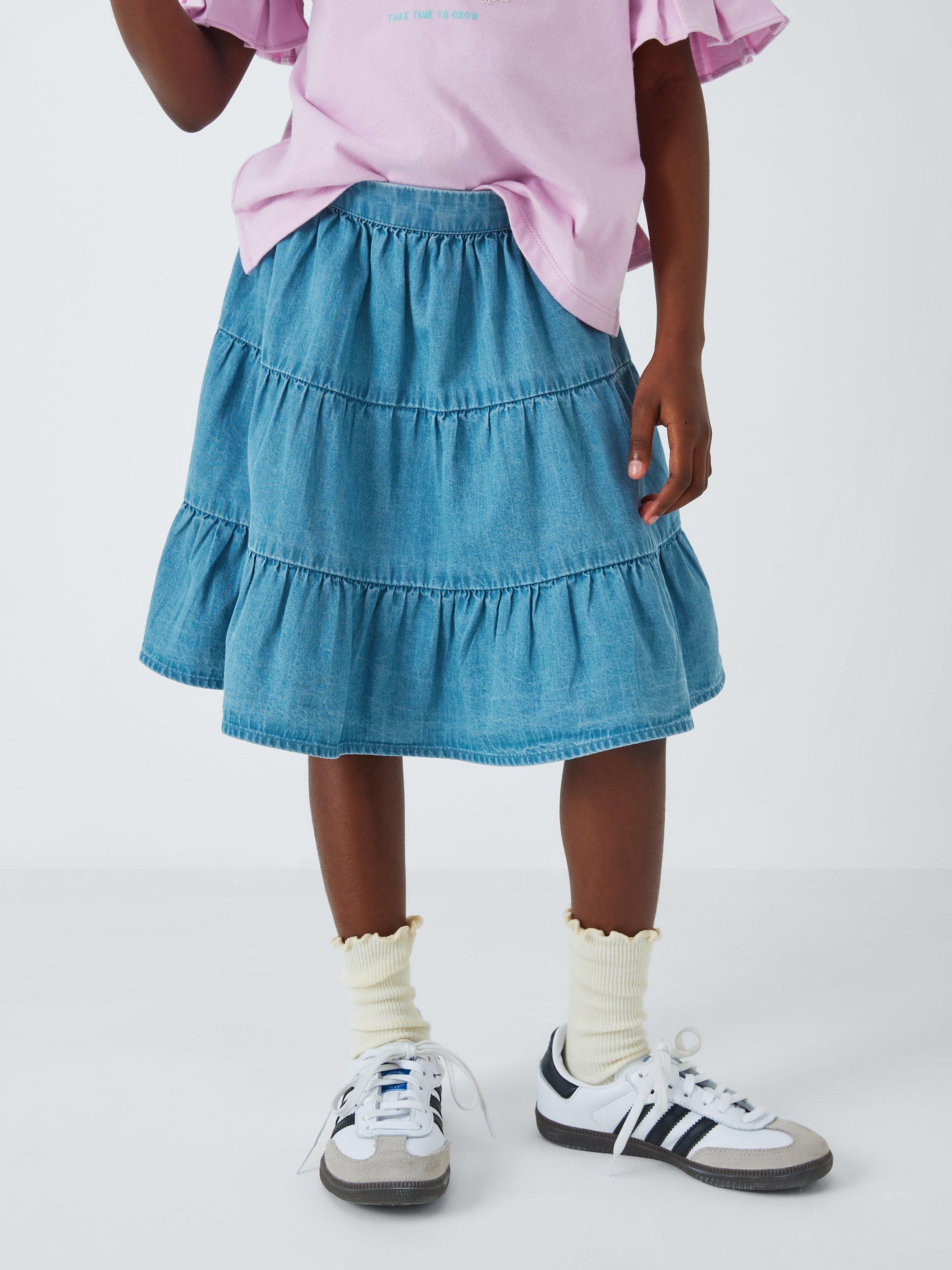 John Lewis Kids' Tiered Denim Skirt, Chambray Blue