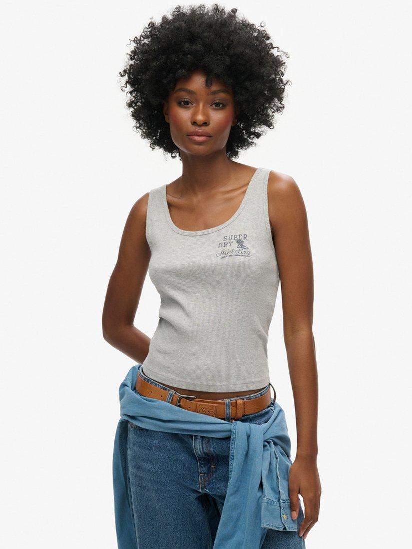 Product image 1 of 6, which shows Superdry Athletic Essential Ribbed Vest Top, Grey, 12