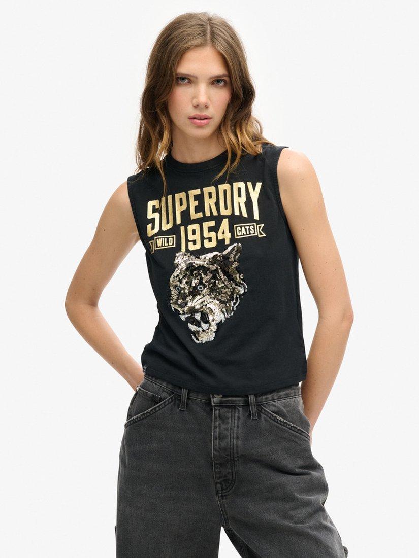 Superdry Embellished Archive Fitted Tank Top, Jet Black, 8