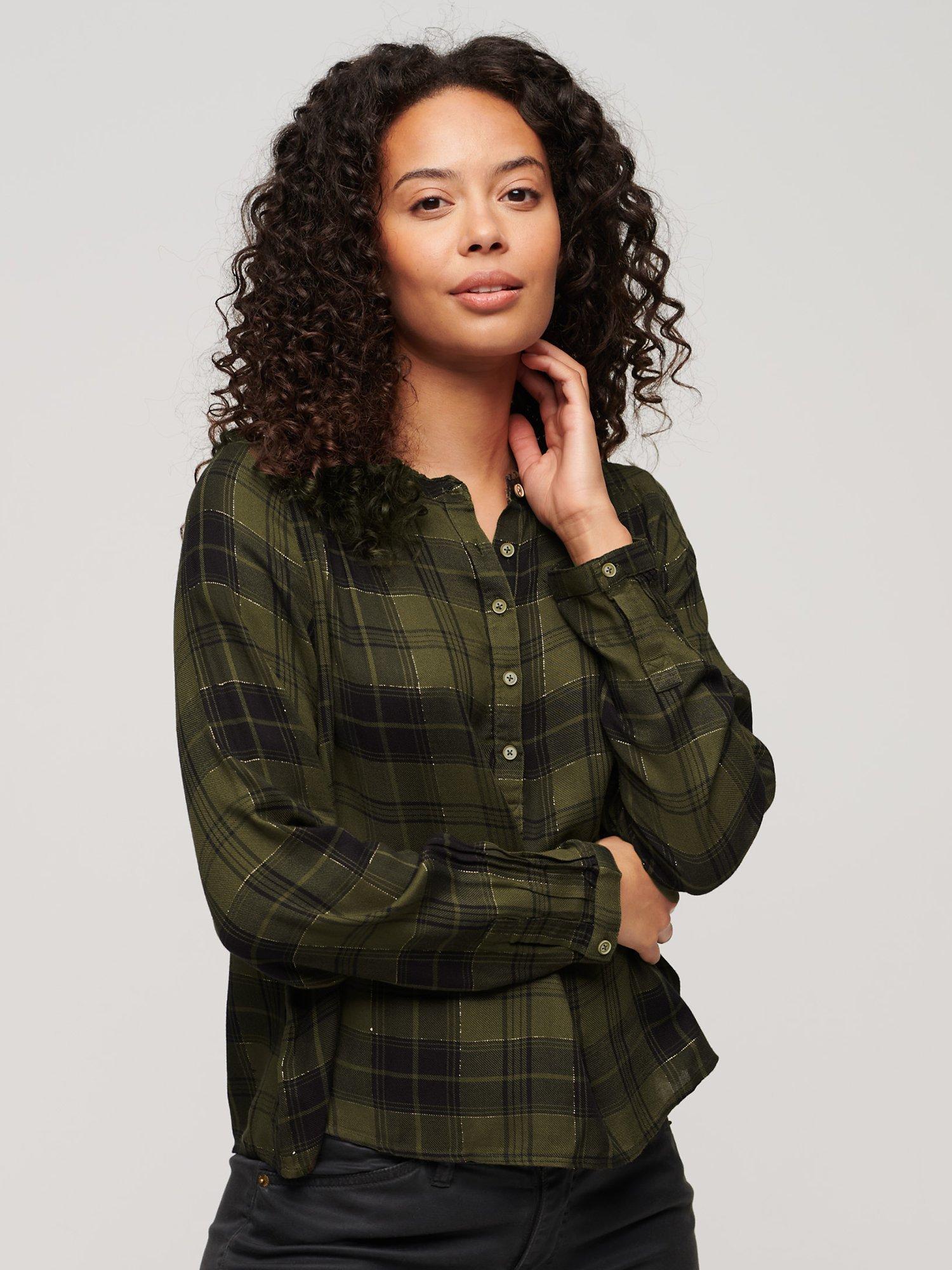 Superdry Western Lurex Check Long Sleeve Blouse, Green/Grey