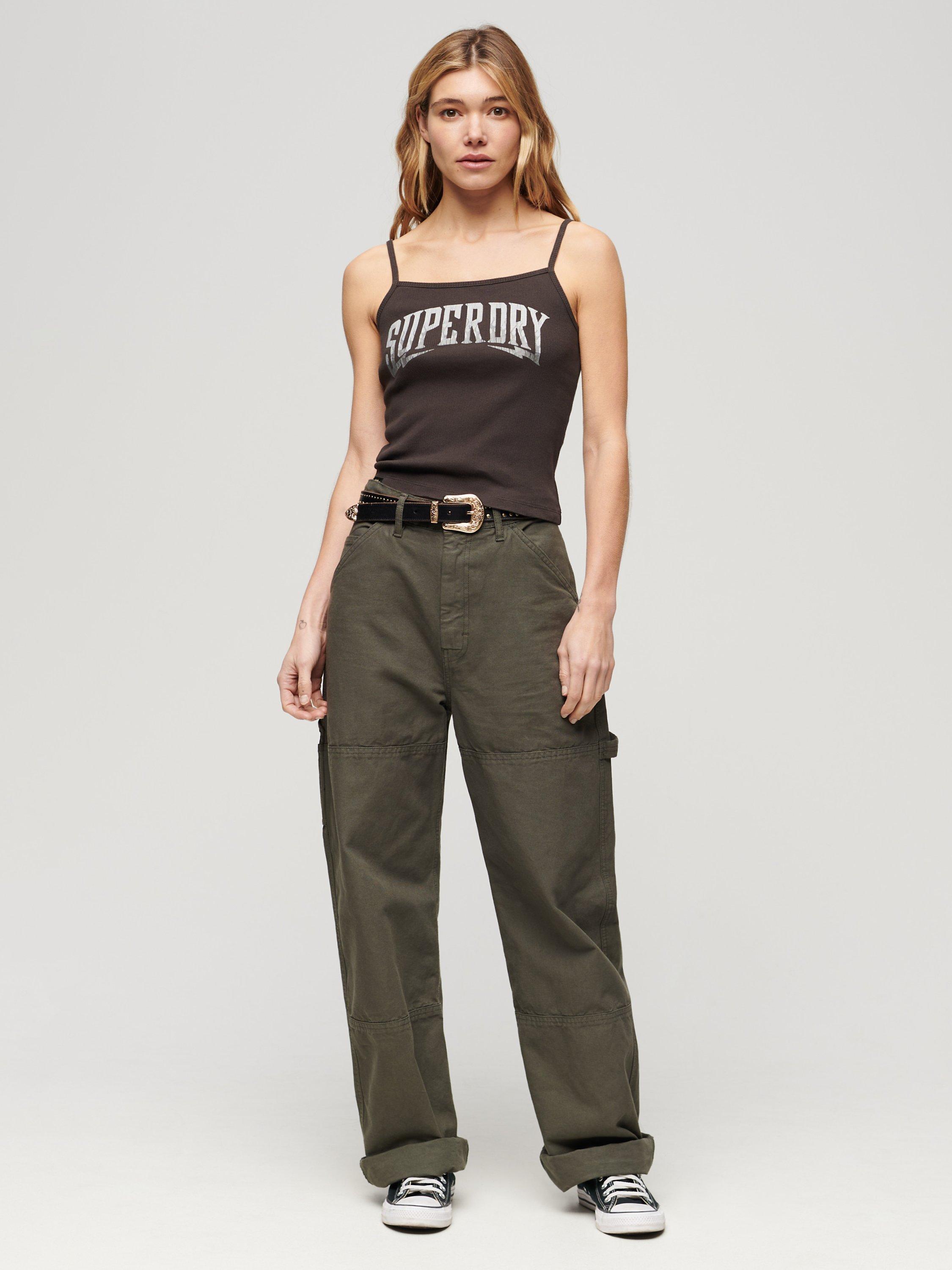 Product image 2 of 5, which shows Superdry Retro Rocker Graphic Rib Cami Top, Carbon Grey, 6-8