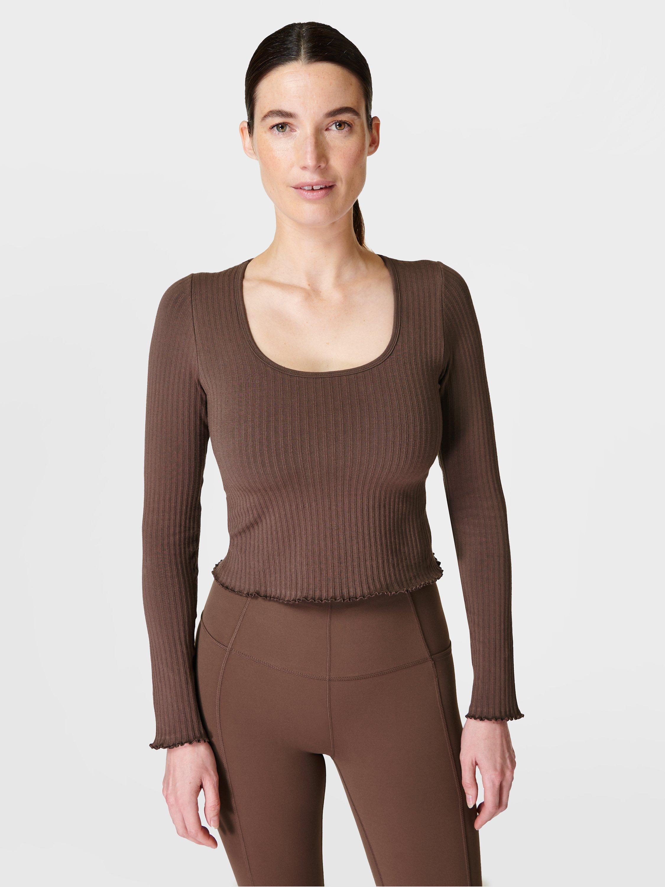 Sweaty Betty Mindful Long Sleeve Crop Top, Walnut Brown