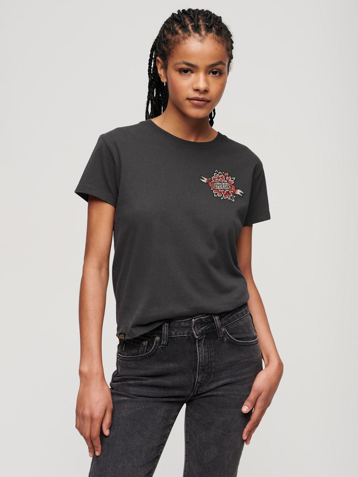 Superdry Cotton Tattoo Rhinestone T-shirt, Charcoal