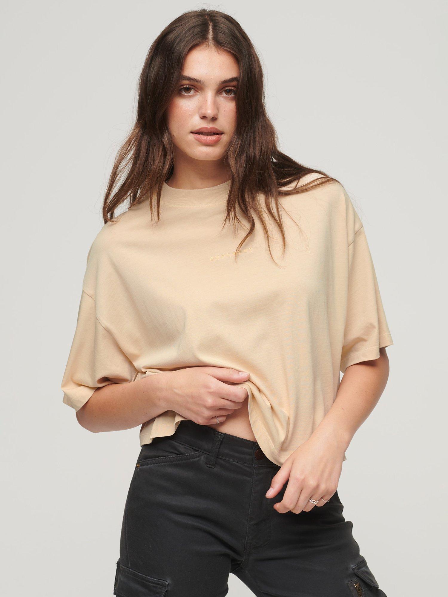 Superdry Micro Logo Embroidered Boxy Top, Tapioca Cream
