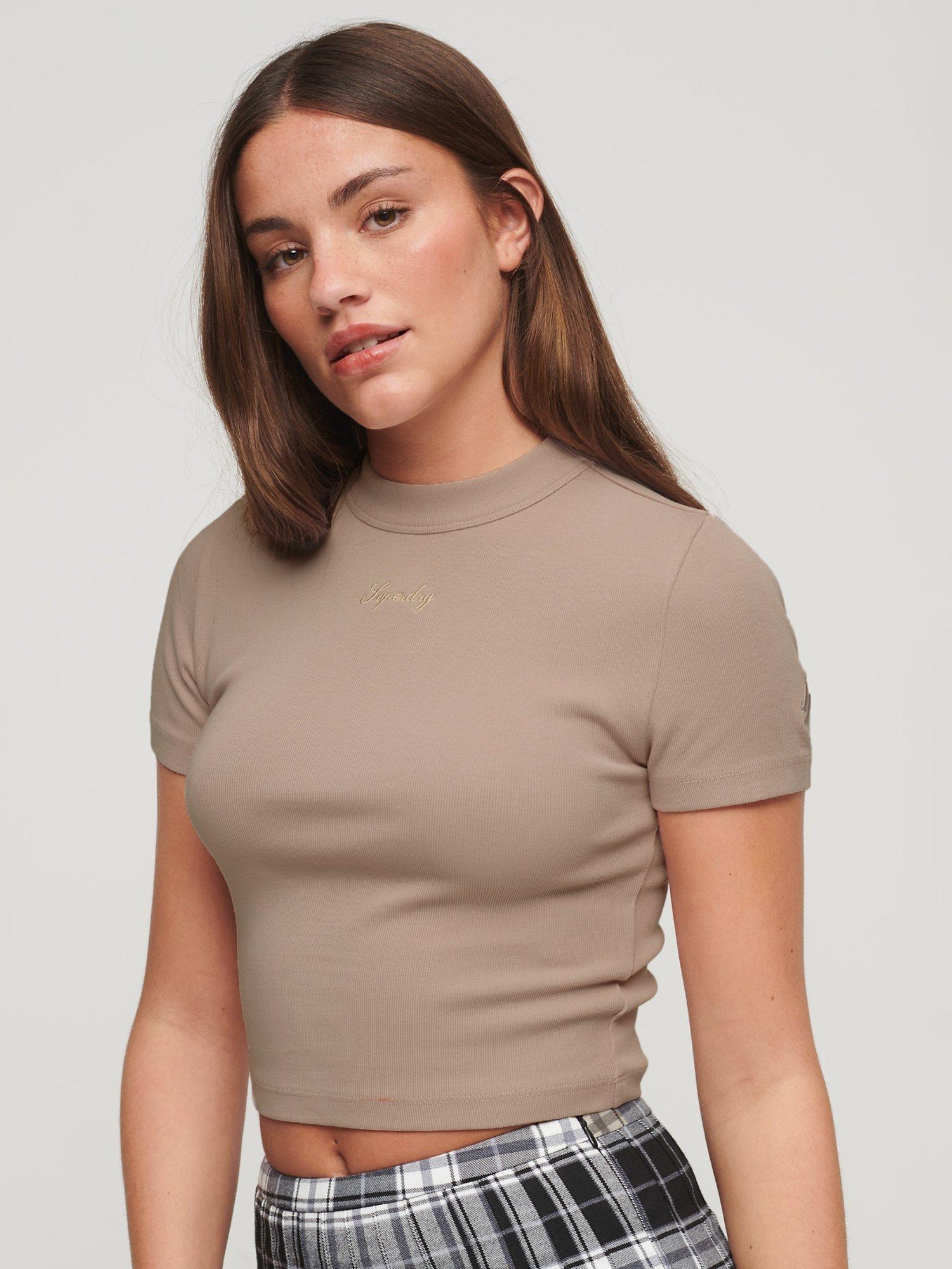 Product image 1 of 4, which shows Superdry Organic Cotton Ribbed Embroidered Fitted T-Shirt, Dusky Pink, 8
