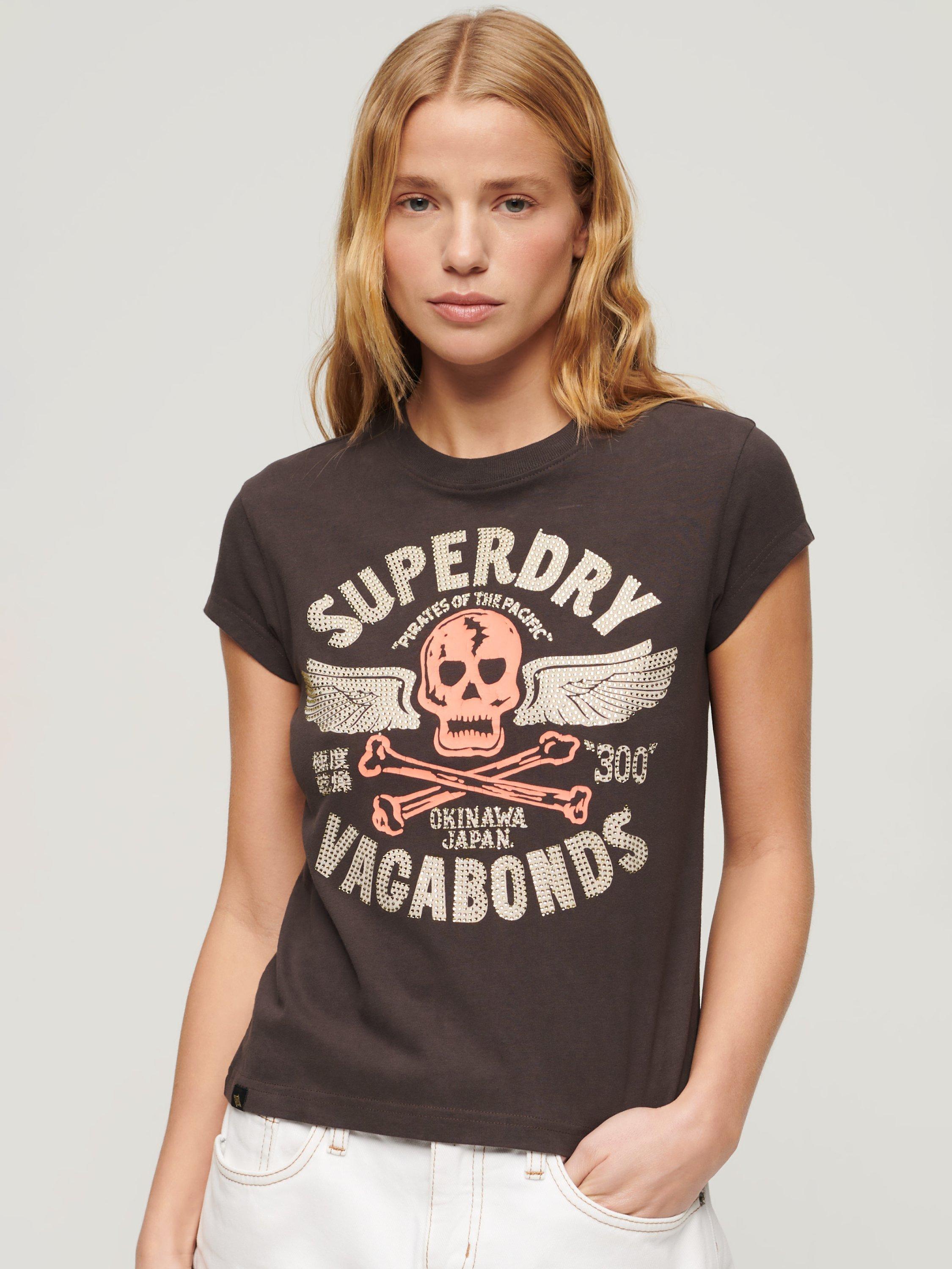 Superdry Embroidered Cap Sleeve Cotton T-Shirt, Bison Black