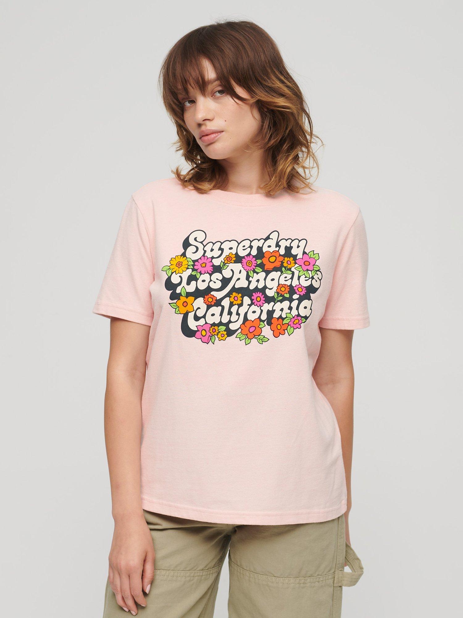 Superdry 70's Floral Script Logo T-Shirt, Somon Pink Marl