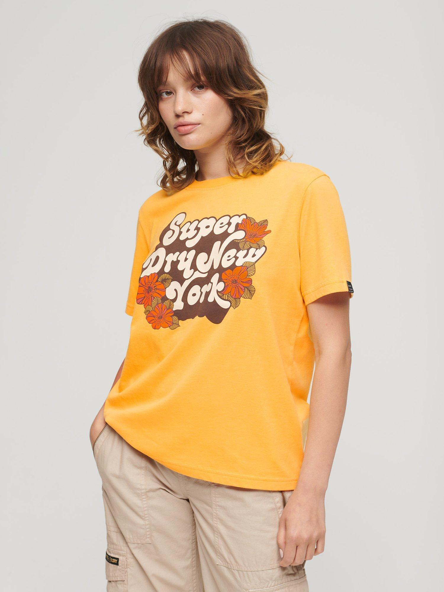 Superdry 70's Floral Script Logo T-Shirt, Ochre Yellow Marl, 16