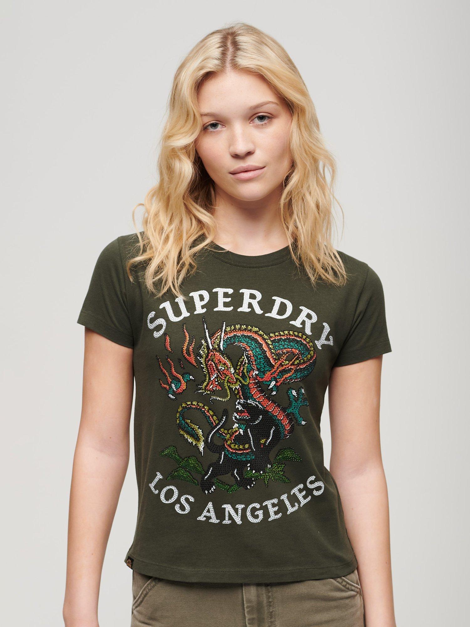 Superdry Tattoo Rhinestone T-Shirt, Army Khaki