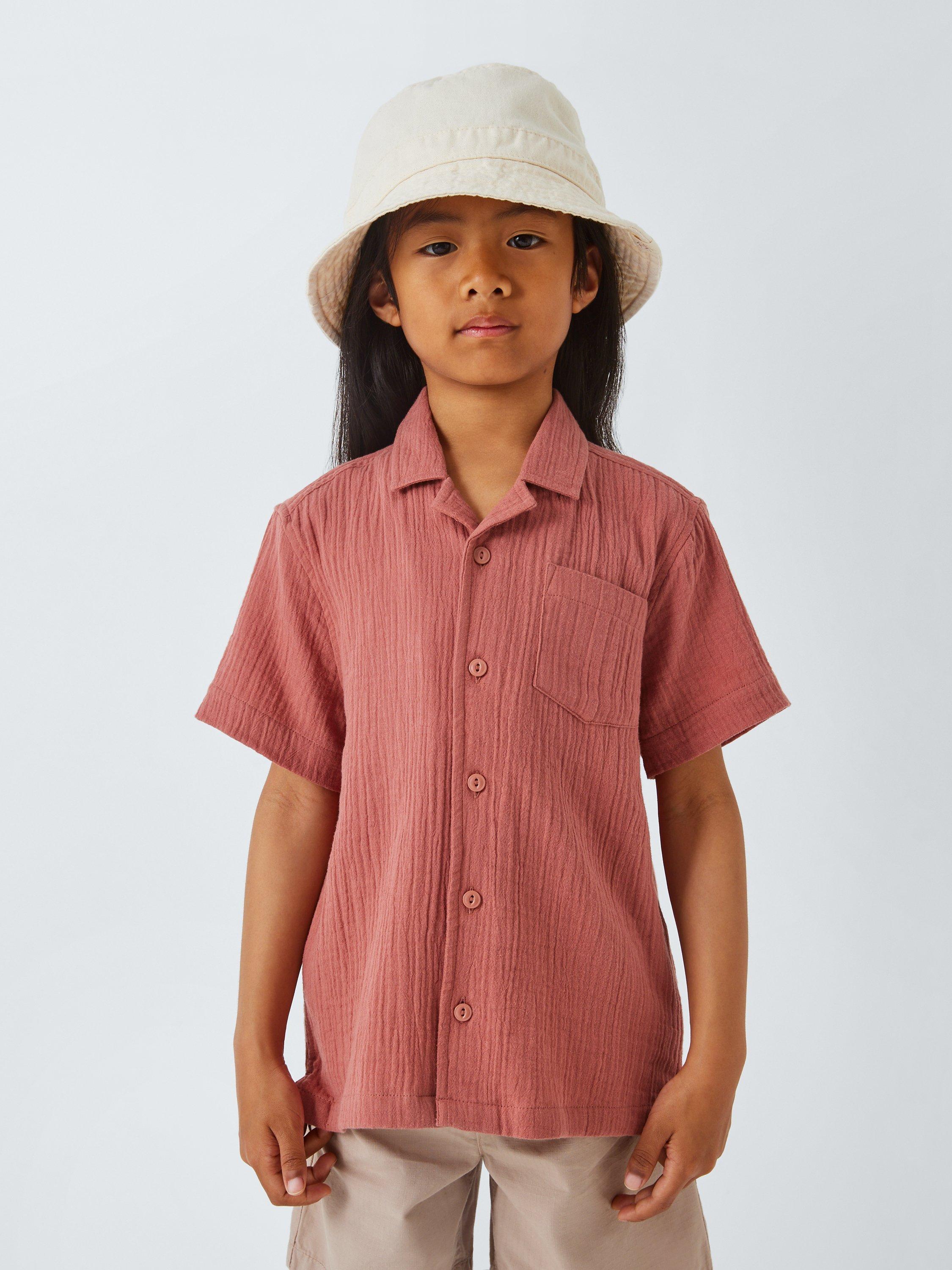 John Lewis Kids' Cheesecloth Cotton Short Sleeve Shirt, Green, Red
