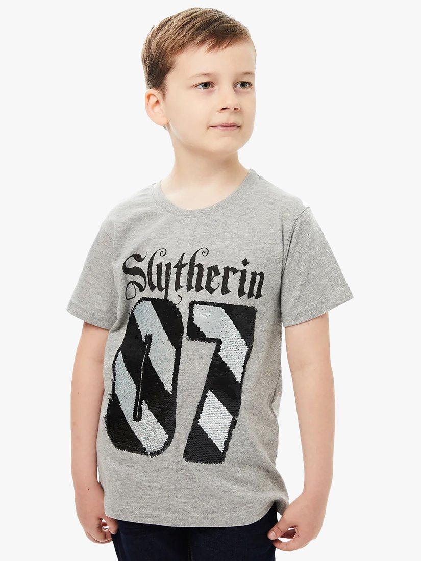 Product image 1 of 3, which shows Fabric Flavours Kids' Harry Potter Slytherin Flip Sequin T-Shirt, Grey/Multi, 3-4 years