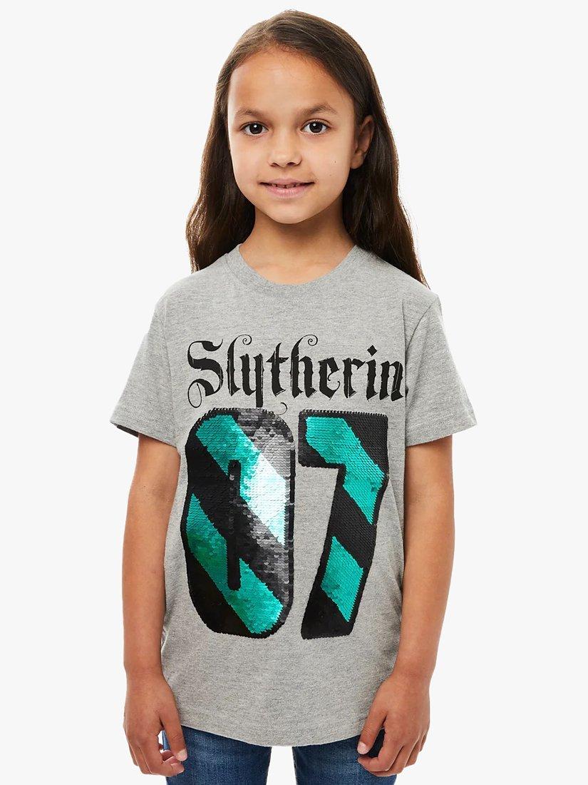 Product image 2 of 3, which shows Fabric Flavours Kids' Harry Potter Slytherin Flip Sequin T-Shirt, Grey/Multi, 3-4 years