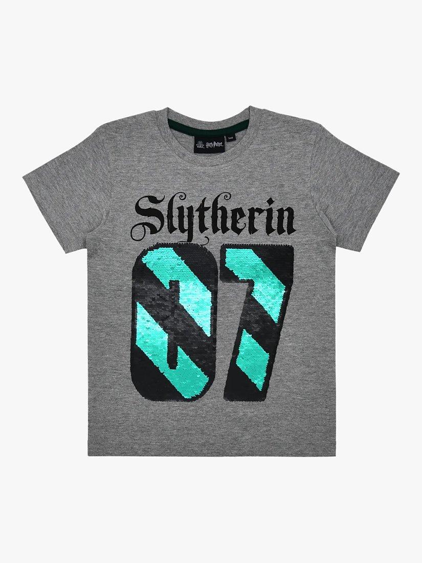 Product image 3 of 3, which shows Fabric Flavours Kids' Harry Potter Slytherin Flip Sequin T-Shirt, Grey/Multi, 3-4 years