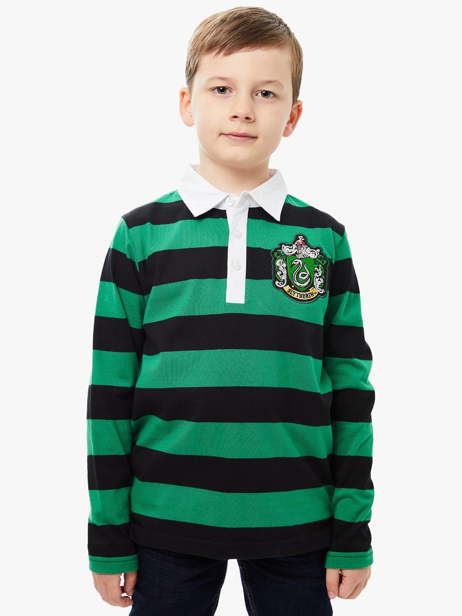 Product image 1 of 4, which shows Fabric Flavours Kids' Harry Potter Slytherin Rugby Shirt, Green/Black, 11-12 years