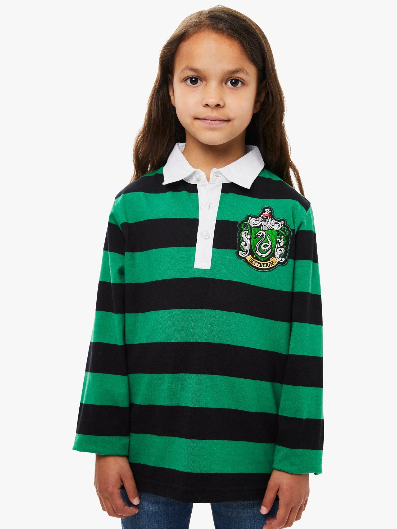 Product image 2 of 4, which shows Fabric Flavours Kids' Harry Potter Slytherin Rugby Shirt, Green/Black, 11-12 years