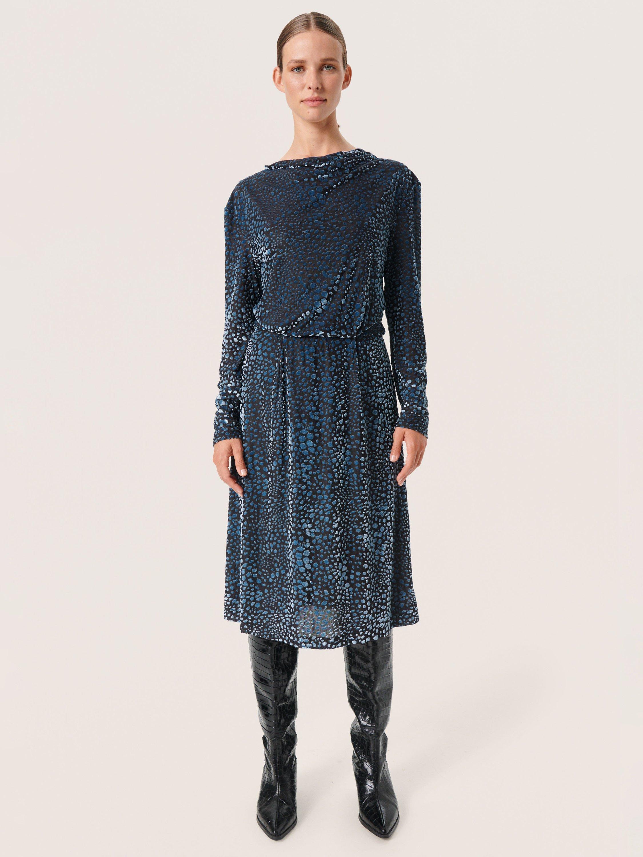 Product image 1 of 6, which shows Soaked In Luxury Nicha Open Back Knee-Length Dress, Faded Denim Burn Out, XS