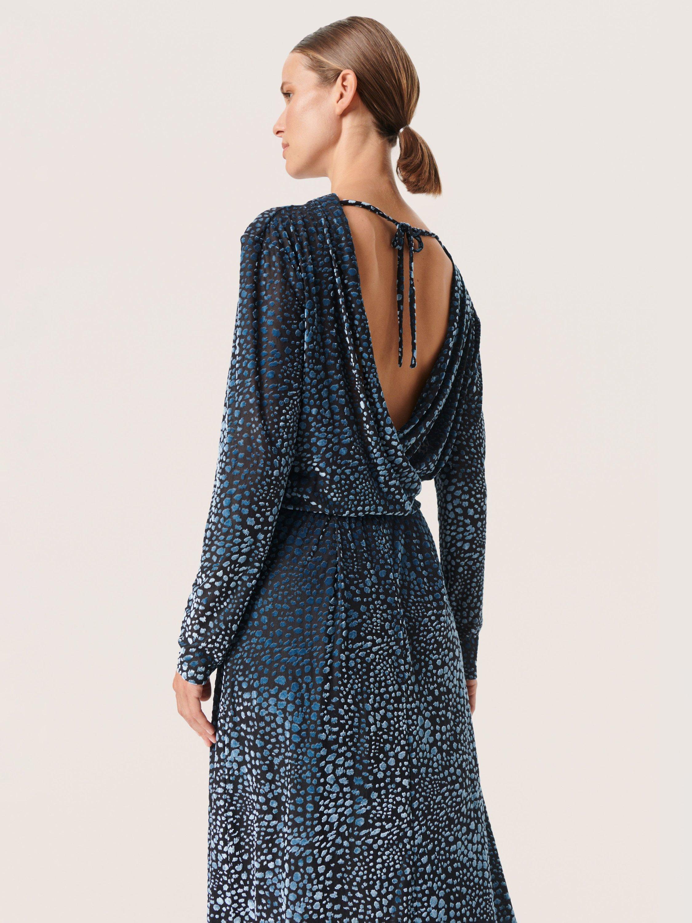 Product image 2 of 6, which shows Soaked In Luxury Nicha Open Back Knee-Length Dress, Faded Denim Burn Out, XS